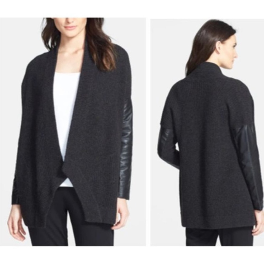 Eileen Fisher Black Wool and Yak Open-Front cardigan with genuine leather sleeve